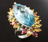 Яркое серебряное кольцо с голубым топазом и разноцветными сапфирами Серебро 925