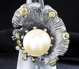 Серебряное кольцо с жемчужиной 10,23 карата, синими и васильковыми сапфирами Серебро 925