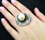 Серебряное кольцо с жемчужиной 10,23 карата, синими и васильковыми сапфирами Серебро 925