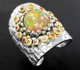 Серебряное кольцо с кристаллическим эфиопским опалом 4,49 карата и разноцветными сапфирами Серебро 925