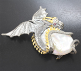 Серебряный кулон «Дракон» с жемчужиной барокко 44 карата, синими и пурпурными сапфирами Серебро 925