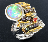Серебряное кольцо с эфиопским опалом 4,19 карата, цветным жемчугом и сапфирами