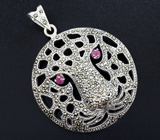 Крупный серебряный кулон «Тигр» с рубинами и марказитами  Серебро 925