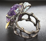 Серебряное кольцо с резными аметистом, празиолитом, аквамарином и ограненными голубыми топазами Серебро 925