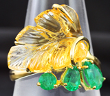 Золотое кольцо с резным цитрином 7,08 карата и яркими уральскими изумрудами высоких характеристик Золото