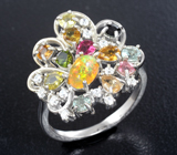 Праздничное серебряное кольцо с кристаллическим опалом и разноцветными турмалинами