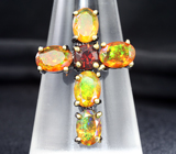 Серебряное кольцо с ограненными эфиопскими опалами и мозамбикским гранатом Серебро 925