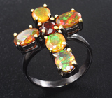 Серебряное кольцо с ограненными эфиопскими опалами и мозамбикским гранатом Серебро 925