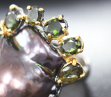 Серебряное кольцо с цветной жемчужиной барокко 43,83 карата, диопсидами и турмалинами Серебро 925