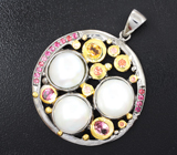 Серебряный кулон с жемчугом 18,11 карата, цитрином, розовыми турмалинами и разноцветными сапфирами Серебро 925