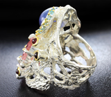 Серебряное кольцо с танзанитом, розовым турмалином, рубеллитом, родолитами и голубыми топазами Серебро 925