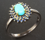 Прелестное серебряное кольцо с бирюзой и синими сапфирами Серебро 925