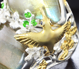 Серебряное кольцо с лабрадоритами, диопсидами и синими сапфирами Серебро 925
