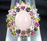 Праздничное серебряное кольцо с перуанским розовым опалом и разноцветными турмалинами Серебро 925