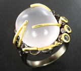 Серебряное кольцо с розовым кварцем 18+ карат и сапфирами Серебро 925