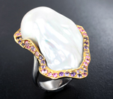 Серебряное кольцо с жемчужиной барокко 37,69 карата, розовыми сапфирами и аметистами Серебро 925