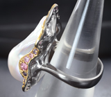 Серебряное кольцо с жемчужиной барокко 37,69 карата, розовыми сапфирами и аметистами Серебро 925