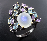 Серебряное кольцо с лунным камнем, аметистами и голубыми топазами Серебро 925