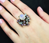 Серебряное кольцо с лунным камнем, аметистами и голубыми топазами Серебро 925