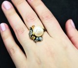 Серебряное кольцо с жемчужиной, голубыми топазами и цитринами
