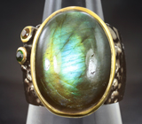 Серебряное кольцо с лабрадоритом и диопсидами Серебро 925