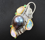 Серебряный кулон с цветной жемчужиной барокко 30,22 карата, кристаллическими эфиопскими опалами и изумрудами Серебро 925