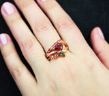 Праздничное серебряное кольцо с рубином, разноцветными турмалинами и родолитами Серебро 925