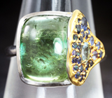 Серебряное кольцо с зеленым турмалином 7,14 карата, аквамарином и синими сапфирами