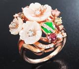 Серебряное кольцо с резным перламутром, разноцветными турмалинами и цветной эмалью Серебро 925