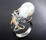 Серебряное кольцо с жемчужиной 16,73 карата и родолитами Серебро 925