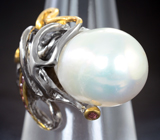 Серебряное кольцо с жемчужиной 16,73 карата и родолитами