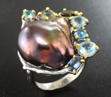 Серебряное кольцо с цветной жемчужиной барокко 25,4 карата, зелеными турмалинами, голубыми топазами и синим сапфиром