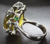 Серебряное кольцо с резным лимонным цитрином 37,39 карата, изумрудами и цаворитами Серебро 925
