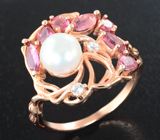 Ажурное серебряное кольцо с жемчужиной и розовыми турмалинами Серебро 925