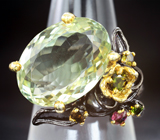 Серебряное кольцо с зеленым аметистом 19+ карата, диопсидами, желтым и розовым турмалинами Серебро 925