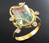 Золотое кольцо с «неоновым» арбузным турмалином 8,96 карата, апатитами и розовыми сапфирами Золото