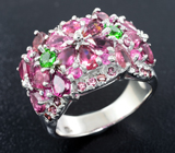 Праздничное серебряное кольцо с розовыми турмалинами, диопсидами, родолитами и розовыми сапфирами Серебро 925