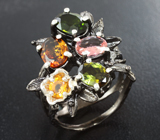 Серебряное кольцо с разноцветными турмалинами и цитрином