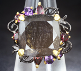 Серебряное кольцо с турмалиновым кварцем, родолитами и аметистами Серебро 925