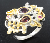 Серебряное кольцо с родолитами гранатами и пурпурными турмалинами