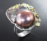 Серебряное кольцо с цветной жемчужиной барокко, голубыми топазами и турмалинами Серебро 925