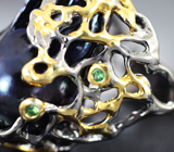 Серебряное кольцо с цветной жемчужиной барокко 44,41 карата и цаворитами гранатами