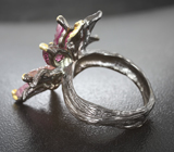 Серебряное кольцо с разноцветными резными турмалинами, родолитами и аметистом Серебро 925
