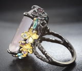 Серебряное кольцо с розовым кварцем, апатитами, голубыми топазами и аметистами Серебро 925