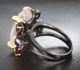 Серебряное кольцо с розовым кварцем, аметистами и родолитами