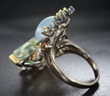 Серебряное кольцо с зеленым аметистом 22+ карата, аквамарином, голубыми топазами и перидотами Серебро 925