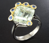 Серебряное кольцо с желто-зеленым бериллом 6,68 карата и синими сапфирами Серебро 925