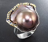 Серебряное кольцо с цветной жемчужиной барокко 48,8 карата и синими сапфирами Серебро 925