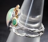 Серебряное кольцо с кристаллическим эфиопским опалом 3,28 карата, изумрудом, цитрином и сапфирами Серебро 925