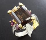 Серебряное кольцо с дымчатым кварцем 12+ карат и родолитами Серебро 925